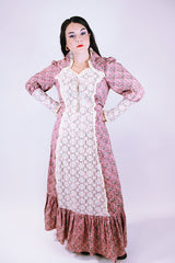 women's vintage 1950's prairie dress in pink with ditsy floral print and cream crochet lace throughout ties waist and tie bust maxi with ruffle hem