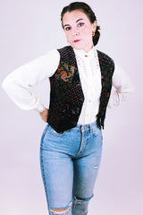 women's vintage black velvet sleeveless button down vest with multi floral print