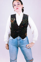women's vintage black velvet sleeveless button down vest with multi floral print