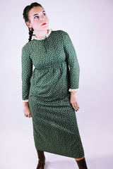 long vintage 1960's green dress with ditsy floral print long sleeves and crochet trim at neck and cuffs