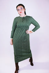 long vintage 1960's green dress with ditsy floral print long sleeves and crochet trim at neck and cuffs