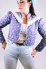 women's vintage cotton cropped open jacket in purple with floral print prairie style