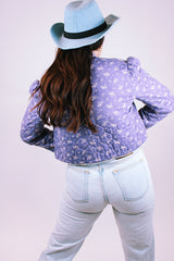 women's vintage cotton cropped open jacket in purple with floral print prairie style
