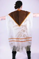 vintage suede poncho with horse illustration on front and back fringed hem