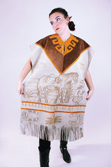 vintage suede poncho with horse illustration on front and back fringed hem