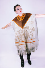 vintage suede poncho with horse illustration on front and back fringed hem