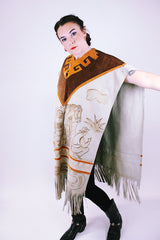 vintage suede poncho with horse illustration on front and back fringed hem