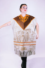 vintage suede poncho with horse illustration on front and back fringed hem