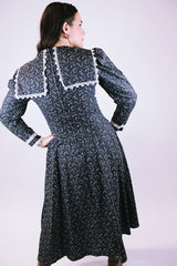 vintage 1980's gunne sax dress black ditsy floral print dress with bib and white lace trim long sleeves