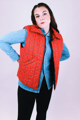 women's vintage red puffer quilted cotton vest with ditsy floral print zips up the front