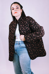 long sleeve women's vintage quilted jacket in brown with floral print and toggle buttons up the front