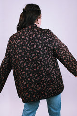 long sleeve women's vintage quilted jacket in brown with floral print and toggle buttons up the front