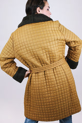 brown quilted puffy women's vintage knee length coat with faux fur trim