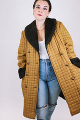 brown quilted puffy women's vintage knee length coat with faux fur trim