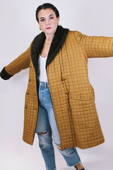brown quilted puffy women's vintage knee length coat with faux fur trim