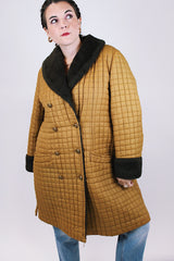 brown quilted puffy women's vintage knee length coat with faux fur trim