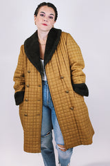 brown quilted puffy women's vintage knee length coat with faux fur trim