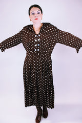vintage women's 1940's rayon brown dress with white polka dots midi length