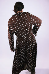 vintage women's 1940's rayon brown dress with white polka dots midi length