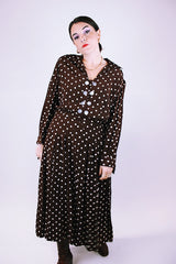 vintage women's 1940's rayon brown dress with white polka dots midi length
