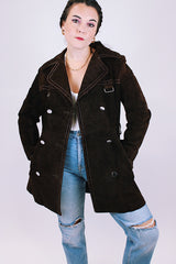 chocolate brown suede women's vintage pea coat with silver hardware and buttons double lapel
