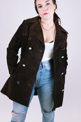 chocolate brown suede women's vintage pea coat with silver hardware and buttons double lapel