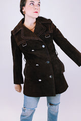 chocolate brown suede women's vintage pea coat with silver hardware and buttons double lapel