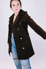 chocolate brown suede women's vintage pea coat with silver hardware and buttons double lapel
