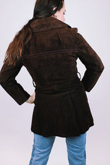 chocolate brown suede women's vintage pea coat with silver hardware and buttons double lapel