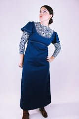 long sleeve navy blue vintage maxi dress 1960's with empire waist and flutter sleeves