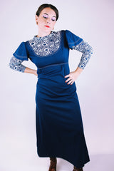 long sleeve navy blue vintage maxi dress 1960's with empire waist and flutter sleeves