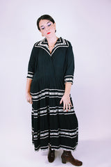 1950's vintage women's dress black with white and silver metallic ribbon applique throughout