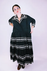 1950's vintage women's dress black with white and silver metallic ribbon applique throughout