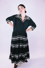 1950's vintage women's dress black with white and silver metallic ribbon applique throughout