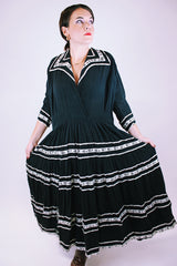 1950's vintage women's dress black with white and silver metallic ribbon applique throughout