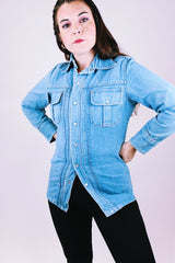 women's vintage 1970's long sleeve light denim shirt blouse with popper buttons and chest pockets