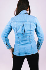 women's vintage 1970's long sleeve light denim shirt blouse with popper buttons and chest pockets