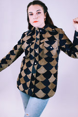 women's 1970's vintage suede patchwork button up jacket with collar in navy and tan