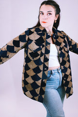 women's 1970's vintage suede patchwork button up jacket with collar in navy and tan