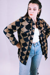 women's 1970's vintage suede patchwork button up jacket with collar in navy and tan