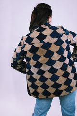 women's 1970's vintage suede patchwork button up jacket with collar in navy and tan