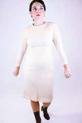women's vintage 1960's cream crochet dress with long sleeves and midi length