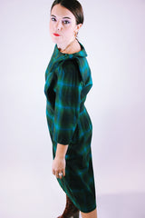 women's vintage 1950's green plaid wool dress with round boat neck collar