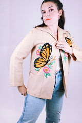 tan wool blend women's open jacket with butterfly embroidery on front and back