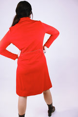 long sleeve red mini dress women's vintage 1970's with zipper front closure and matching belt and collar
