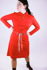 long sleeve red mini dress women's vintage 1970's with zipper front closure and matching belt and collar