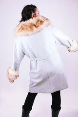 women's vintage 1970's light grey leather coat with faux fur collar and cuffs and tie waist