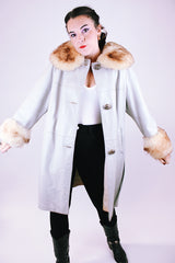 women's vintage 1970's light grey leather coat with faux fur collar and cuffs and tie waist