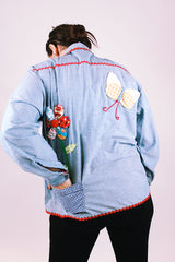 vintage 1970's long sleeve chambray button up blouse with patchwork flowers