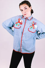vintage 1970's long sleeve chambray button up blouse with patchwork flowers